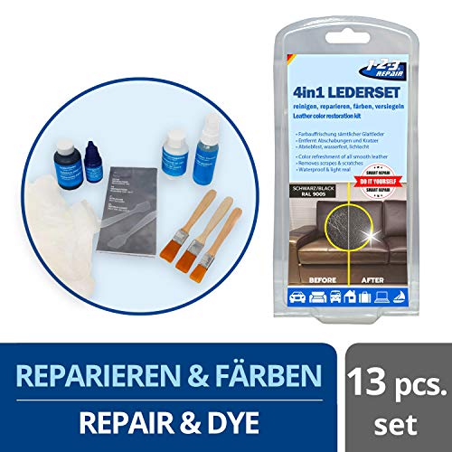 1-2-3REPAIR 4en1 Set cuidado de cuero - limpia, tiñe, sella y repara la piel y la piel falsa 12 piezas, Negro