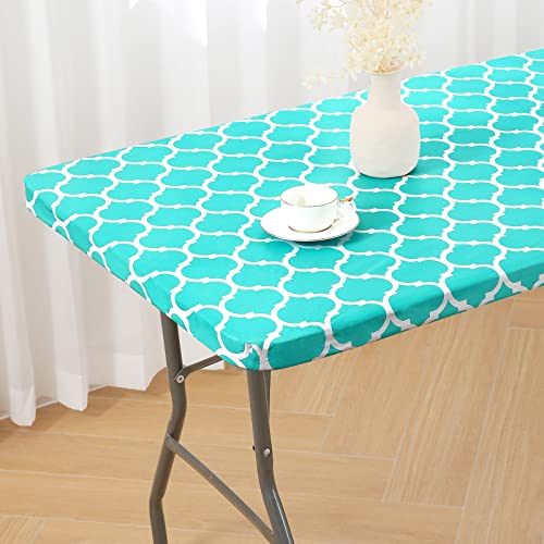 Smiry Nappe élastique en vinyle rectangulaire avec envers en flanelle pour table pliante de 1,2 m, imperméable et facile à nettoyer, pour pique-nique, camping, fête, motif turquoise marocain Cover