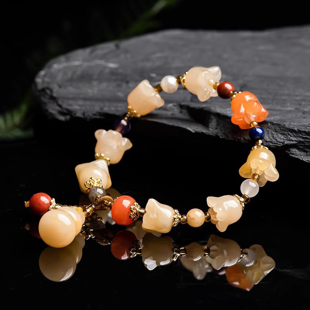 Bracciali, Braccialetti da Donna, Bracciale Feng Shui in Giada Gialla per Donna Bracciale in Filo d'oro Genuino Campana di Giada con Fiore di Orchidea Adatto per 14-16 cm