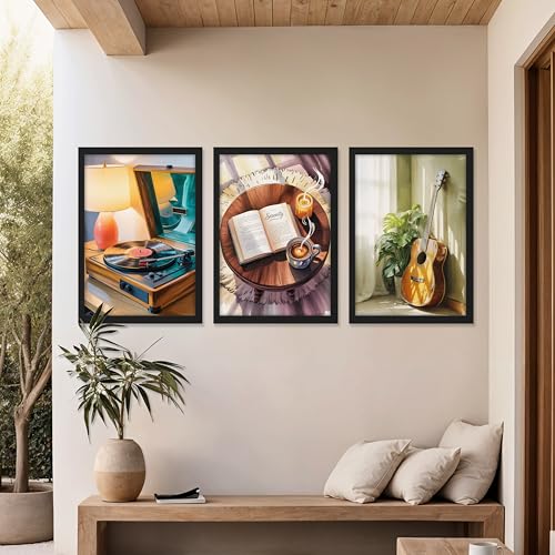 Image of NoWorries Modern Aesthetic Wall Art Framed Painting Set of 3 | Vintage Record Player, Coffee Book & Acoustic Guitar Prints with Frame | Cozy Lifestyle Music Decor Frames for Living Room, Bedroom and Studio, Minimal Contemporary Framed Artwork Ready to Hang (Art-8, 10x13inch, Wooden)