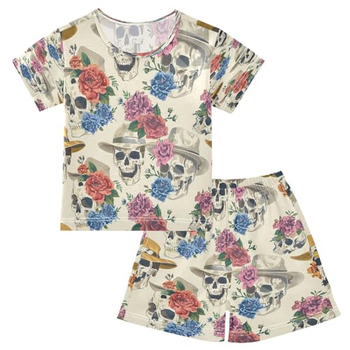 senya Short Sleeve Pajamas Sets Summer Cotton Sleepwear Skulls with Floral