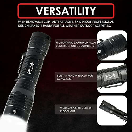 Peakplus Led Tactical Flashlight Ptac1000 [2 Pack] - Single Mode, High Lumen, Zoomable, Water Resistant, Flash Light - Camping, Outdoor, Emergency, Everyday Flashlights With Clip #TOP2