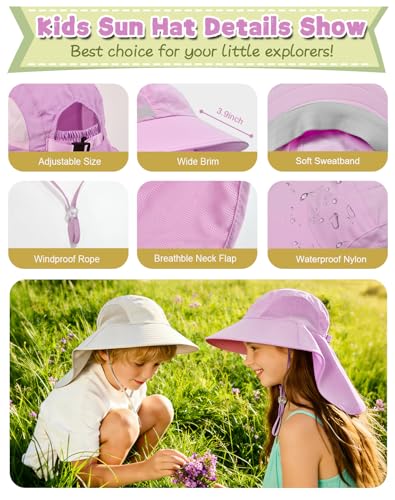 Image of Rosoz Kids Sun Hat with Neck Flap UV Protection Summer Toddler Beach Hat Unisex Ponytail Hat Wide Brim Fishing Hat