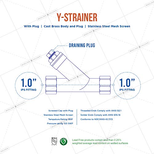 Image of Midline Valve 322U322 Y-Strainer with Stainless Steel Mesh Screen, Pipeline Filter Valve 1 in. FIP, Cast Brass, 1
