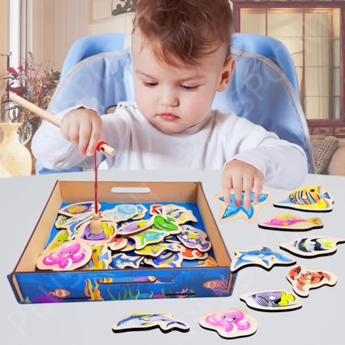 Image of PLUSPOINT Magnetic Wooden Fishing Game Toy for Toddlers, Fish Catching Games of 30 Piece Fishes 2 Sticks 1 Fishing Tray, Preschool Learning Hand and Eye Co-Ordination Educational Toys 3+Yr Kids