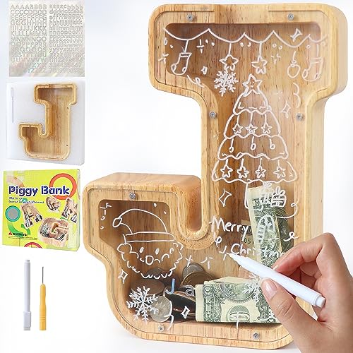 Mikytoper Letter Money Box for Kids Large Wooden Personalized A-Z Piggy Bank Clear Alphabet Money Bank Coin Bank for Gift Decoration Baptism (J)