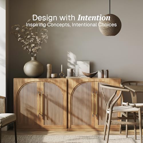 Image of BELLEZE Set of 2 Modular Sideboard with Double-Arc Wood Doors, 65'' Arched Buffet Cabinet with Adjustable Shelves, Classic Modern Credenza for Living Room Kitchen Entryway(Camel)