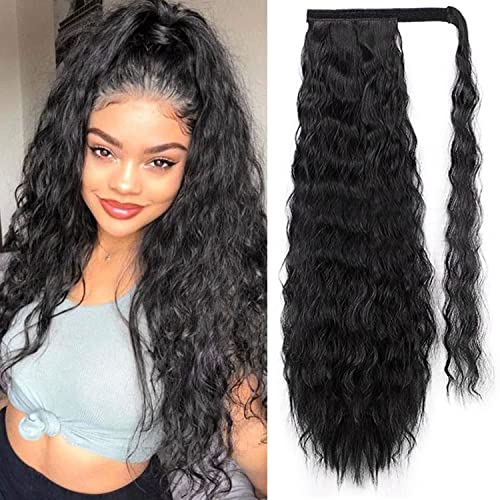 JessLab Extensiones de Cabello, Extensión de Cola de Caballo Sintética Rizada, 61cm Maíz Wave Look Natural Resistentes al Calor Postizo Ponytail Wrap Peluca con Pasta Mágica para Mujeres Chica