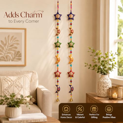 Image of Bindian Toran for Main Door, Decorative Door Thoranam Hanging, Diwali Decoration for Home Entrance, Wall Decor Hanging Ornament, Traditional Festive Welcome Decor for House (Star Moon Pack of 2)