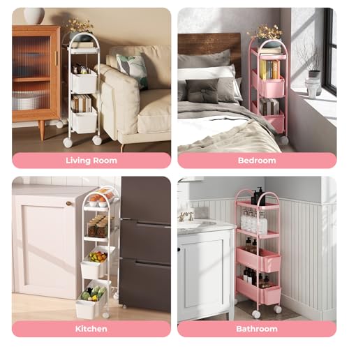 Levede 3-Tier Premium Metal Storage Trolley with Pull-Out Baskets, Narrow Rolling Cart on Wheels for Kitchen, Fruit & Vegetable Organizer, Multifunctional White Shelving Unit - Image 8