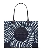 Tory Burch Ella Printed Tote Bag Handbag Navy Warped Gingham Nylon Leather