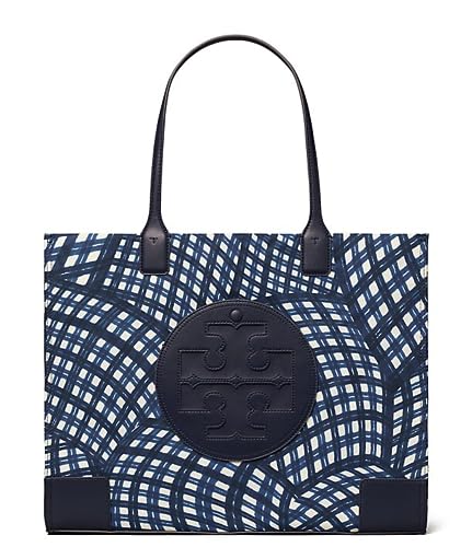 Image of Tory Burch Ella Printed Tote Bag Handbag Navy Warped Gingham Nylon Leather