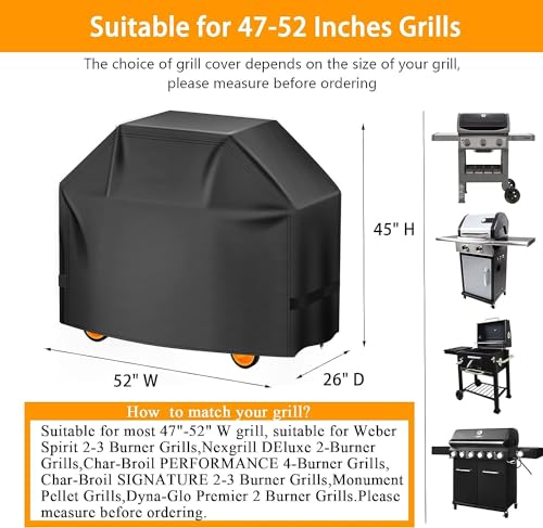 Image of Aoretic Grill Cover 52 inches Gas-BBQ Grill Cover, Waterproof,Anti-UV Material with Hook-and-Loop Straps & Adjustable Hem Drawstring for Weber Nexgrill Char-Broil Monument Dyna-Glo