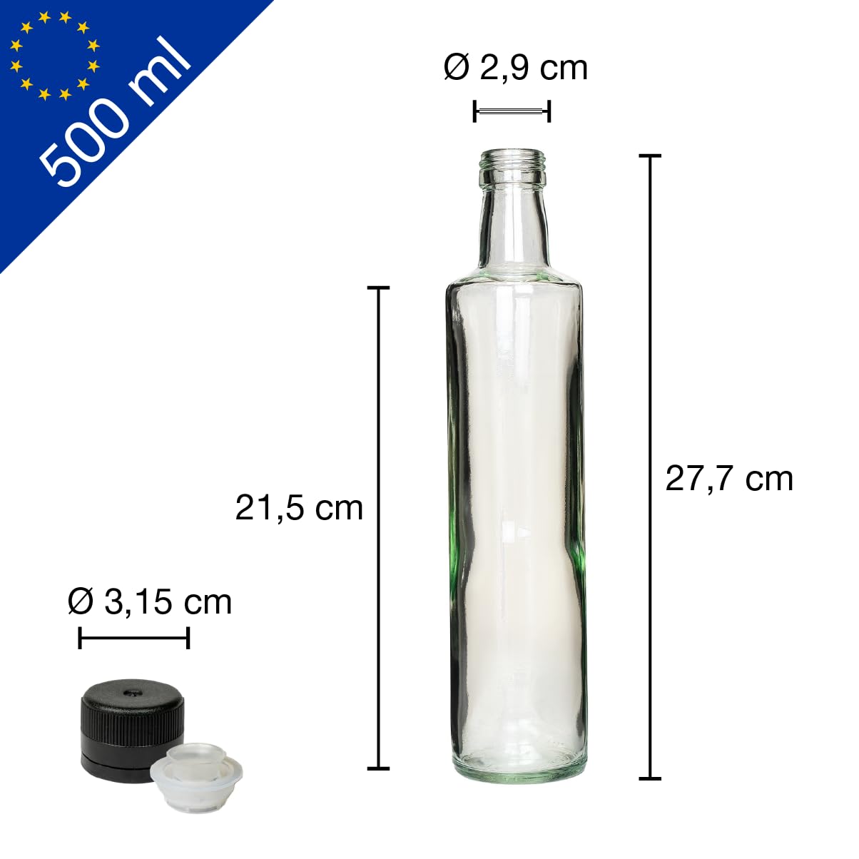 Dorica Lot de 40 bouteilles en verre 500 ml avec bouchon en plastique noir PP31.5 et bec verseur – Idéal pour les huiles, les jus et le vinaigre – Bouteille robuste pour une longue durée de vie et un