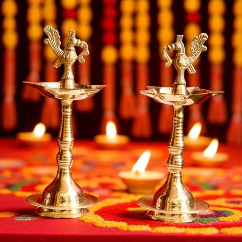 Image of Kerala Brass Diya with Peacock Design | Height: 9 Inch Premium Kerala Kuthu Vilakku I Panchmukhi Diya Puja, Home and Office Temple, Festive Gifting | Pack of 2 | Weight: 330 Grams Each