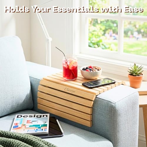 Image of Classyo Sofa Armrest Tray, Sofa Arm Tray - Dining Table Mats Flexible & Foldable - Suitable for Food, Drinks, Snacks, Cup- Pine Wood (11 in x 17 in)