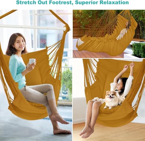 Image of Outerman Hammock Chair, Hanging Chair with 3 Cushions and Foot Rest Support, Durable Metal Spreader Bar Max 500Lbs, Swing Chair for Bedroom, Indoor & Outdoor, Patio, Porch or Tree（Khaki）