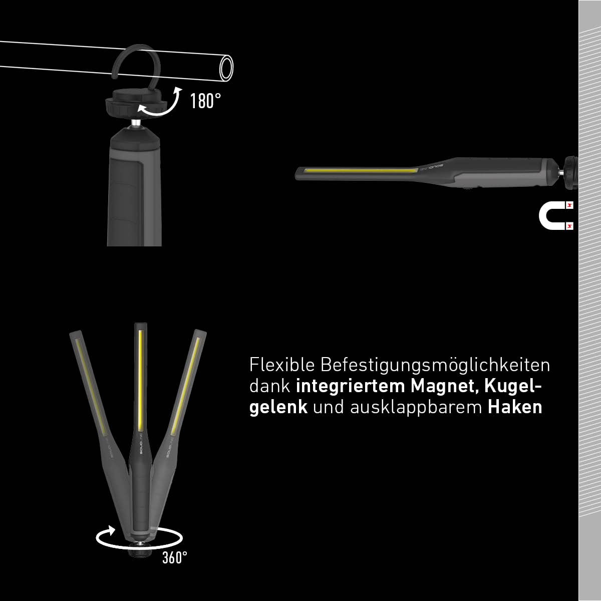 Solidline SAL1R Super Heldere LED Werkplaatslamp, Mini Spot, Schijnwerper, Draaibare Focus, 450 Lumens, 25 Meter Straalbereik, 5 Uren Brandtijd, Inclusief Batterij en USB-C Kabel, Verpakking van 1