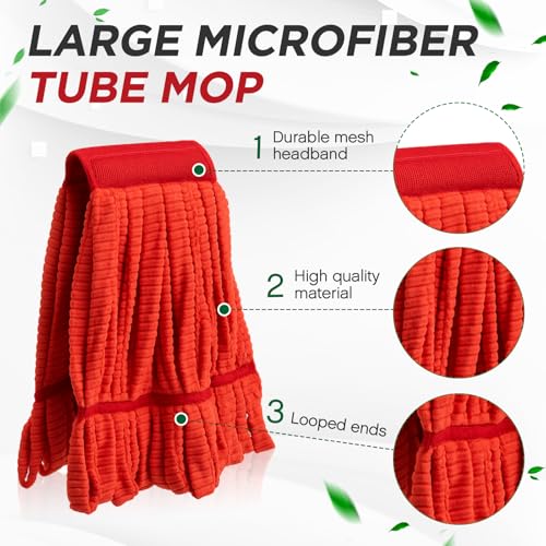 Image of Hushee 6 Pack Large Microfiber Tube Mop Heads 18 oz Heavy Duty Commercial Industrial Wet Mop Head Refill Reusable Machine Washable Looped End Mopheads for Hardwood, Tile, Laminate Floors (Red)