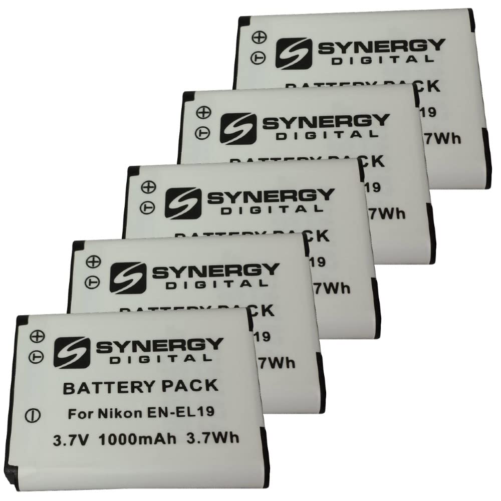 Synergy Digital Camera Batteries, Compatible with Nikon S6500 Digital Camera, (Li-Ion, 3.7V, 1000 mAh), Replacement for Nikon EN-EL19 Battery, Combo-Pack Includes: 5 x SDENEL19 Batteries