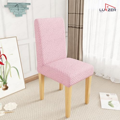 Image of Lukzer Elastic Dining Chair Cover - 4PC Pastel Pink Grid Maze | Textured High Stretch Jacquard Seat Cover | Removable Washable Short Dining Chair Cover Protector Seat Slipcover | (CC-108-4)