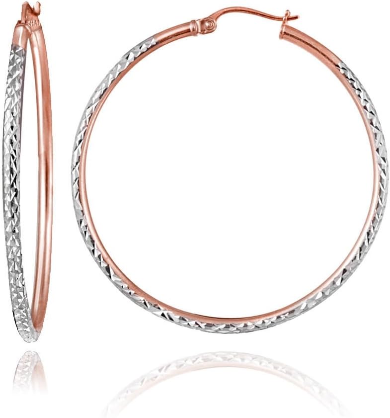 Hoops & Loops 925 Sterling Silver Two-Tone Diamond-Cut Hoop Earrings for Women| Hypoallergenic 14k Yellow Gold, Rose Gold Flash Plate & Silver 2mm Click-Top Hoops, 25mm - 50mm