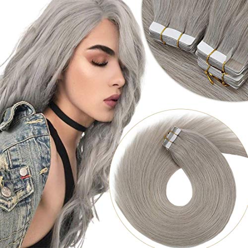 VeSunny Tape in Hair Extensions Grey Human Hair 16inch 100 Real Remy Hair Extensions Grey Tape in Extensions Tape in Human Hair Extensions Glue on Hair Silver Color 20pcs 50Gram