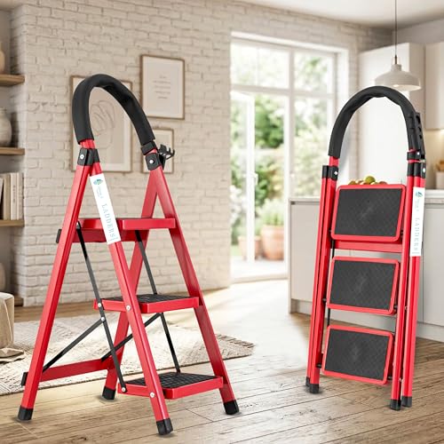 Image of Norman Jr Red 3 Step Ladder for Home Use with Built-in Tool Tray | Heavy Duty D Shape Rods | Ultra Large Platform | Wide Rubber Feet | 150Kg Capacity Foldable Ladder - 7 Years Warranty
