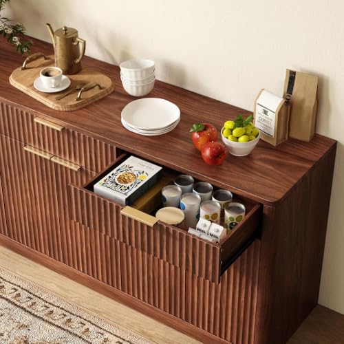 Image of Evermagin 67 inch Fluted Walnut Sideboard Buffet Cabinet with 3 Drawers, Modern Credenza with Storage, Console Coffee Bar Cabinet for Kitchen, Living Room and Entryway (67 inch W x 31.5 inch H x 15.7 inch D)