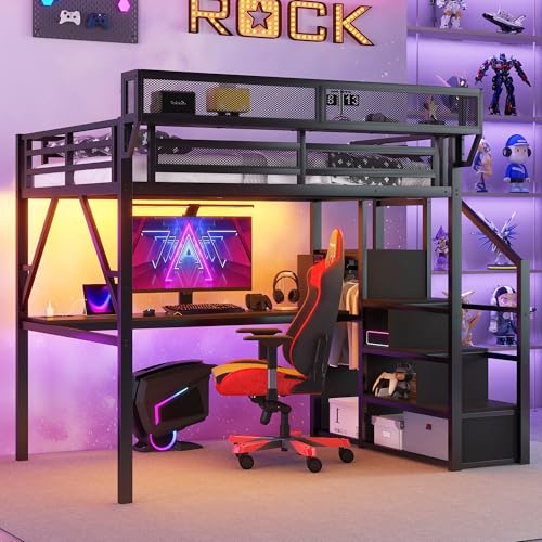 KEIKI Full Size Metal Loft Bed Frame with Desk, Staircase,