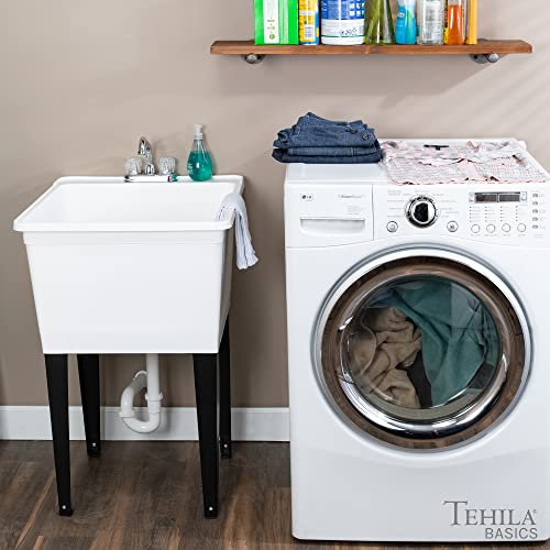 Image of Tehila Basics by JS Jackson Supplies 21-Gallon White Freestanding Utility Sink with Chrome Finish 2-Handle Faucet, Heavy Duty Plastic Laundry Tub with Adjustable Legs