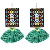 ♛GRÖßE:14*4.5cm YAZILIND Frauen Boho Tropfen Baumeln Vintage Ohrringe Gewinde Quaste Bunte Tuch Muster Haken Ohrringe Ethnische Retro Schmuck Grün