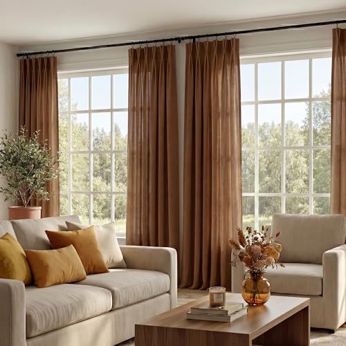 NICETOWN Pinch Pleated Gold Brown Linen Curtains 84 inch Length 2 Panels Semi Sheer Privacy Thick Flax Light Filtering Window Treatments for Bedroom/Home Office W40 x L84
