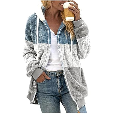 Fleece Sweatshirt Women Long Sleeve Tops Coats Women's Casual Color Block Plush Sweatshirt Zipper Hoodie Loose Winter Blouse Warm Coat Casual Ladies Thicken Blouses Tops Grey Cover
