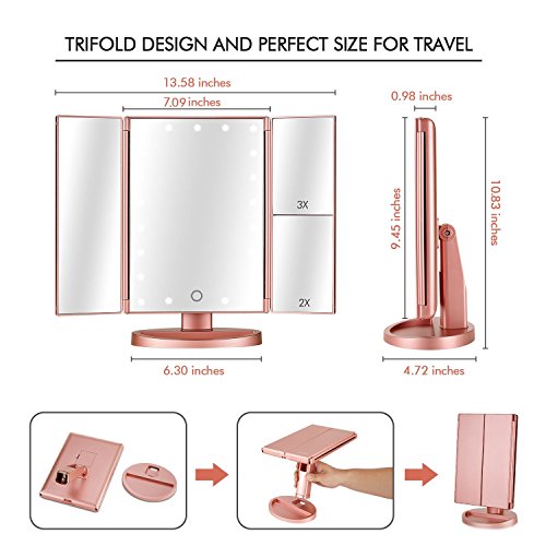 Flymiro Tri-Fold Lighted Vanity Makeup Mirror With 3X/2X Magnification,21 Leds Light And Touch Screen,180 Degree Free Rotation Countertop Cosmetic Mirror,Travel Makeup Mirror (Rose Gold) #TOP5