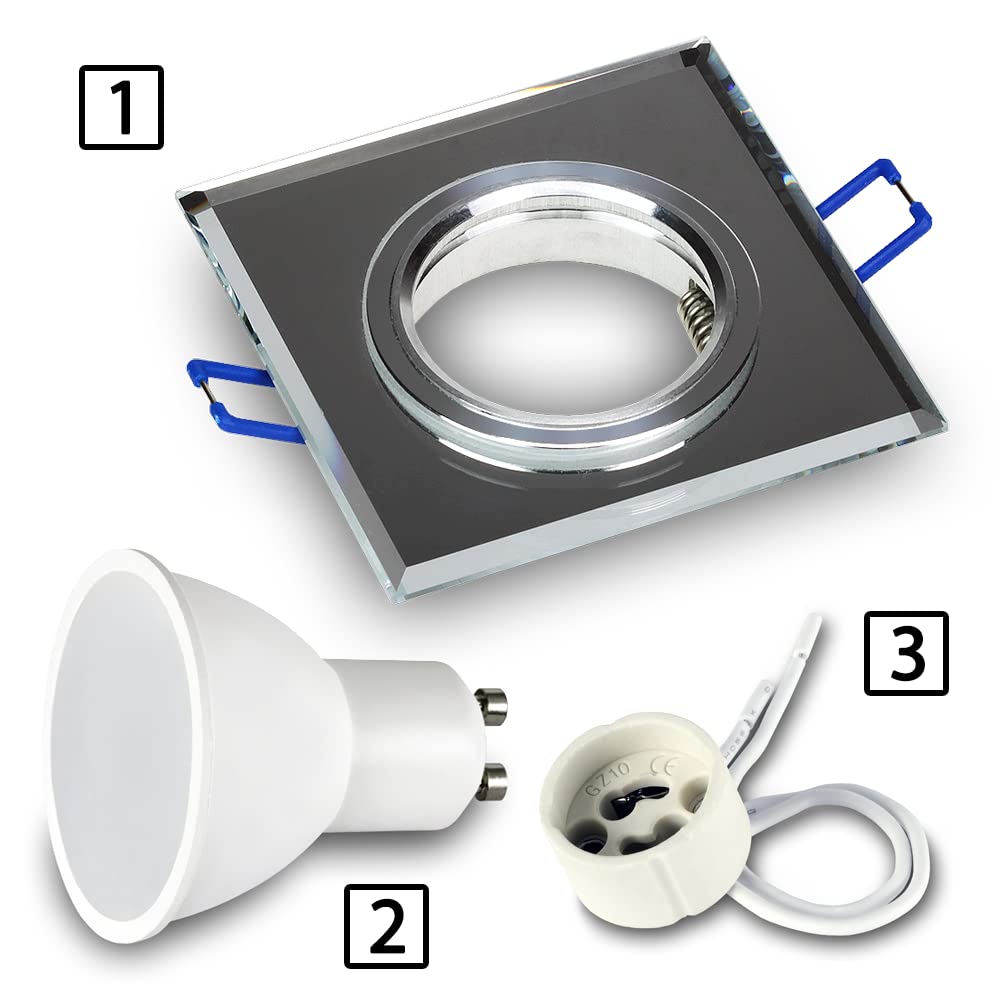 Kwazar Luminaire - Cadre d'encastrement GU10 - Cadre pour Spot encastrable - pour luminaires LED - Plat, en Verre, Effet Miroir, pour Plafond - pour Salon, Cuisine Bureau - RIK9 Carré Transparent