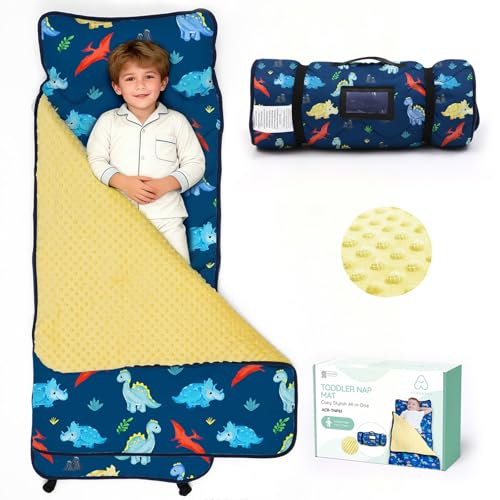 Image of ACRABROS Toddler Nap Mat with Pillow and Blanket, Large Rolled Napping Mats,Slumber Bags for Boys Girls,Kids Sleeping Bag for Daycare, Preschool Travel