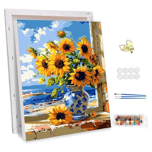 NEWENMO Girasol Pintar por Numeros Adultos con Marco,Hermosas Flores Pintura por Numeros Set,Kit de Pintura al Óleo para Adultos,DIY Paisajes Paint by Numbers Kits,para Decoración del Hogar 30x40cm 🔥