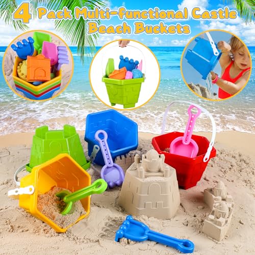 HUUIDY Beach Sand Toys, Sandbox Toys for Kids Family Sharing Set, Sand Castle Kit with 4 Beach Buckets and 4 Shovel Tools & Sand Molds, Travel Beach Toys for Toddlers Boys Girls Age 4-12 - Thumbnail 2