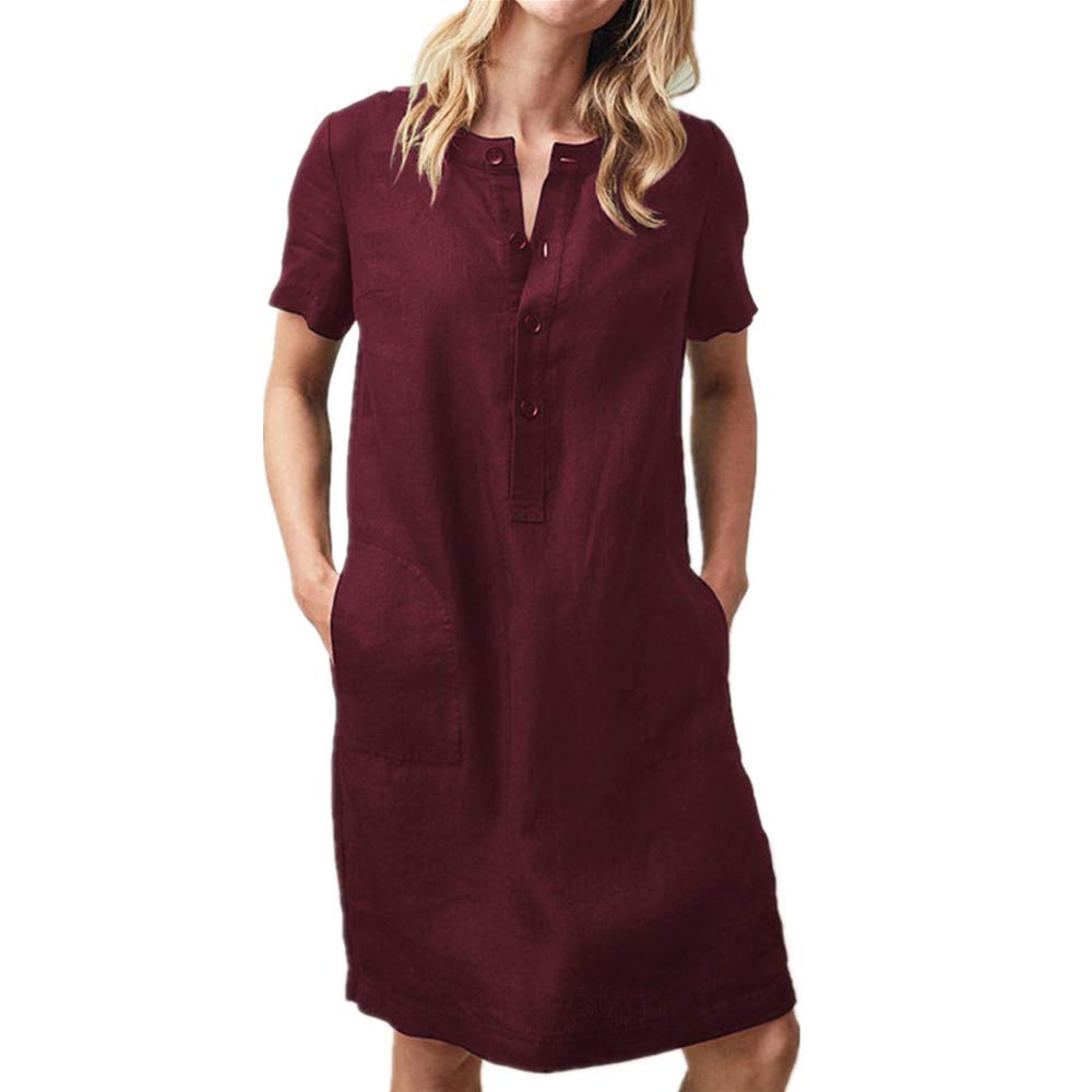 Vestido de Mujer Verano, Elegante de Lino Algodón Casuales Manga Corta Vestido Midi Vestido Flojo Cuello En V Vestidos Holgado Talla Grandes Vestido de Fiesta para Bodas