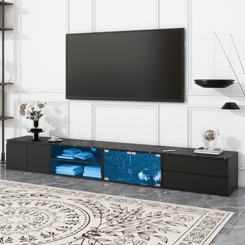Merax Modern APP Controlled LED TV Stand for Televisions Up to 105'', Faux Marble Tabletop Media Console with Tempered Glass Doors, 2 Drawers & Cabinets, Entertainment Center for Living Room, Black -  HM02294