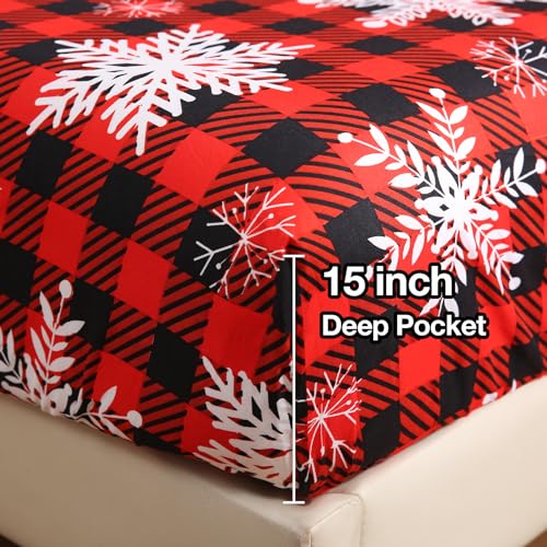 Image of JSD Red Buffalo Plaid Snowflakes Christmas Sheet Set Full Size | 4 Piece Soft Microfiber Sheets, 16 in Extra Deep Pocket, OEKO-TEX Certified, Easy Care