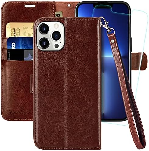 MONASAY Wallet Case for iPhone 13 Pro 5G,6.1-inch[Glass Screen Protector Included] [RFID Blocking] Flip Folio Leather Cell Phone Cover with Credit Card Holder Black