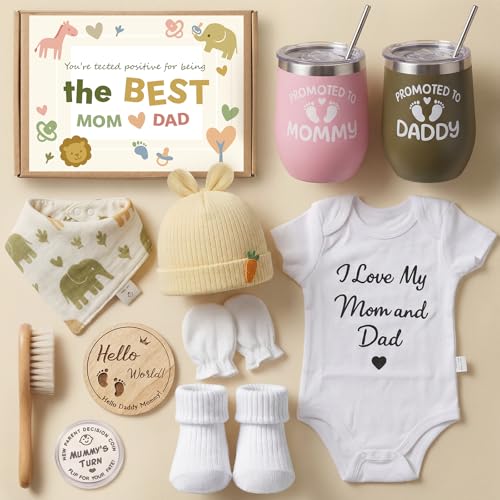 New Mom Gifts for Women Top Pregnancy Gifts for New Parents Gender Reveal Gifts with Mom and Dad Baby Shower Gifts Basket with Tumblers Newborn Essentials Decision Coin & Card for First Time Moms