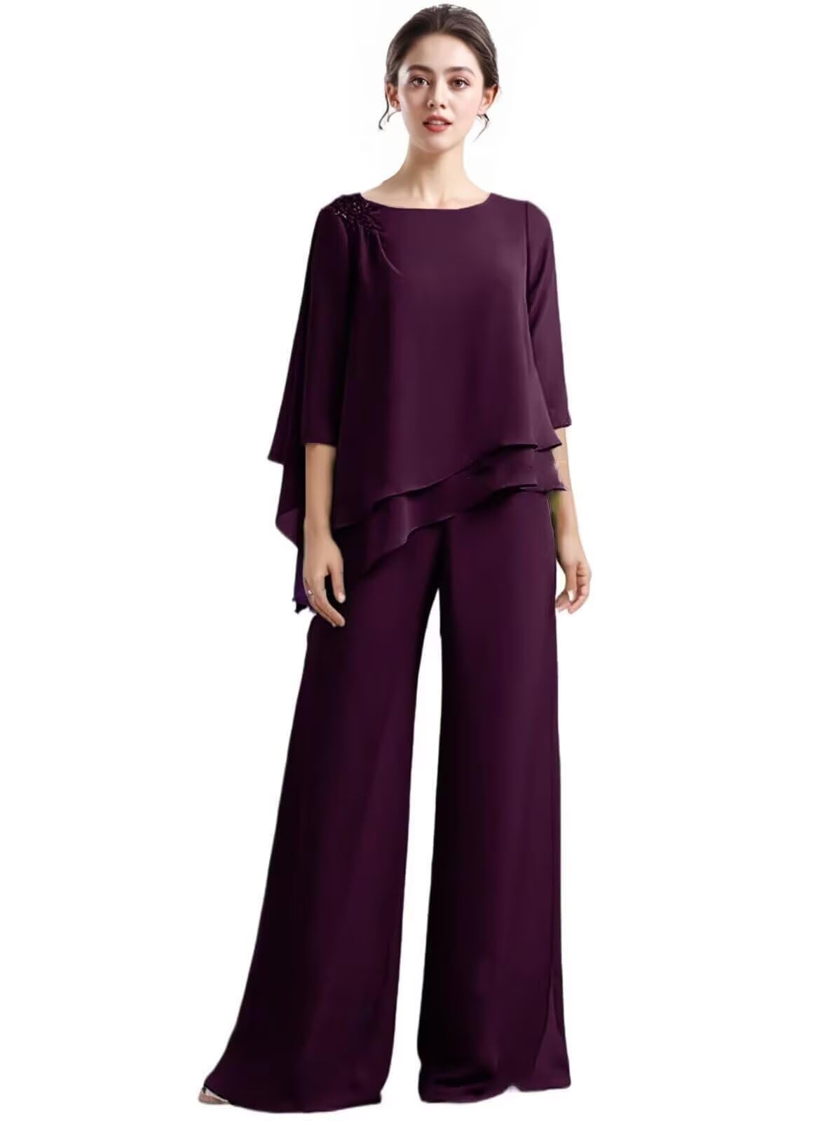 2 Pieces Chiffon Mother of The Bride Pant Suits for Wedding 3 4 Sleeve Ruffle Wedding Formal Outfit