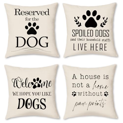 BREASOME Cushion Covers 45 x 45 cm Set of 4 Dog Design Animal Print Cushion Covers Linen Decorative Square Throw Pillow Cases for Sofa Couch Bedroom Living Room