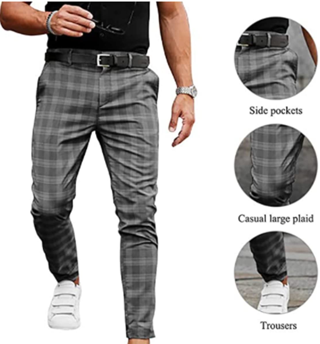 Pantalone Da Uomo A Quadri Con Vita Elastica Casual,Uomo Slim Fit Pantaloni,Alla Moda Pantaloni A Sezione,Streetwear Pantaloni Casual Slim Fit Laterali 1,S