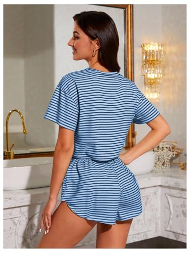 Image of OYOANGLE Womens Pajama Sets 2 Piece Sexy Lounge Sets Summer Cute Pjs Striped Print Tee and Side Split Shorts Set