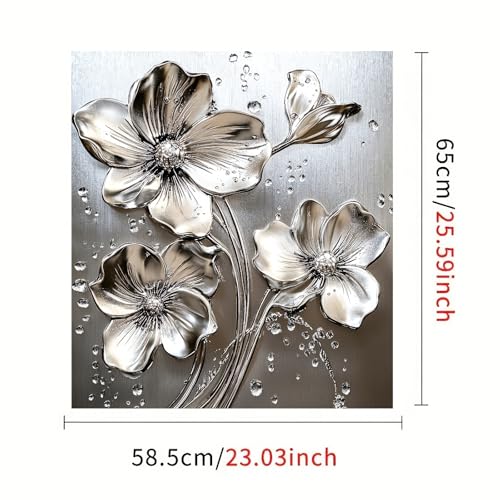 Image of HOMETITUTE Silver Flower Magnetic Dishwasher Cover 23x26 Inch Embossed Water Drop Floral Panel Decorative Magnet Sticker for Kitchen Appliance Fridge Door Surface Wrap Modern Metal Art