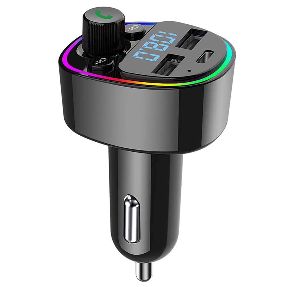 Bluetooth FM Transmitter for Car, Radio Receiver/Audio Adapter with USB + PD Car Charger, 7 Colors LED Backlit Support Hands-Free Calling TF Card USB Flash Drive